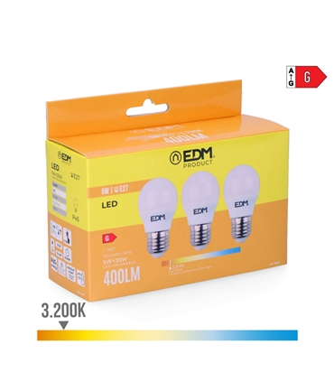 Pack 3 lampadas LED esférica E27 5W 3200K - 98201 - Edm - LAM1852